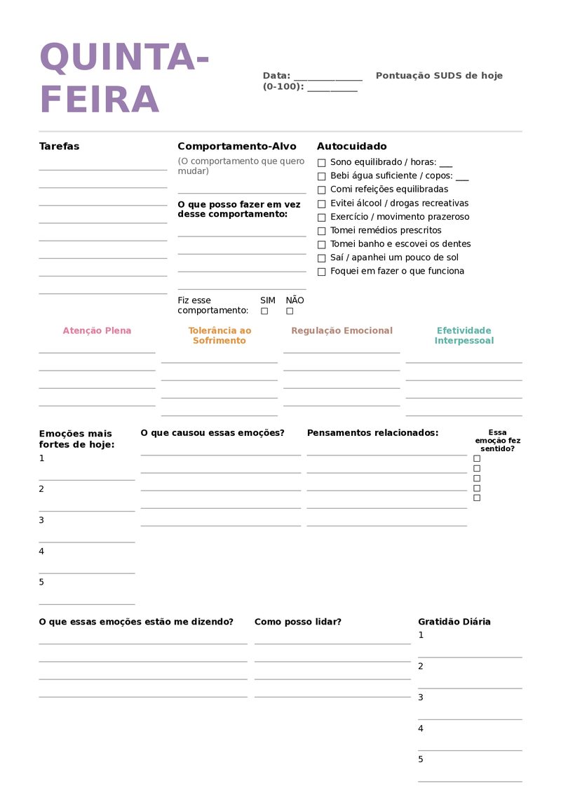 Planejador DBT diário com 7 dias da semana