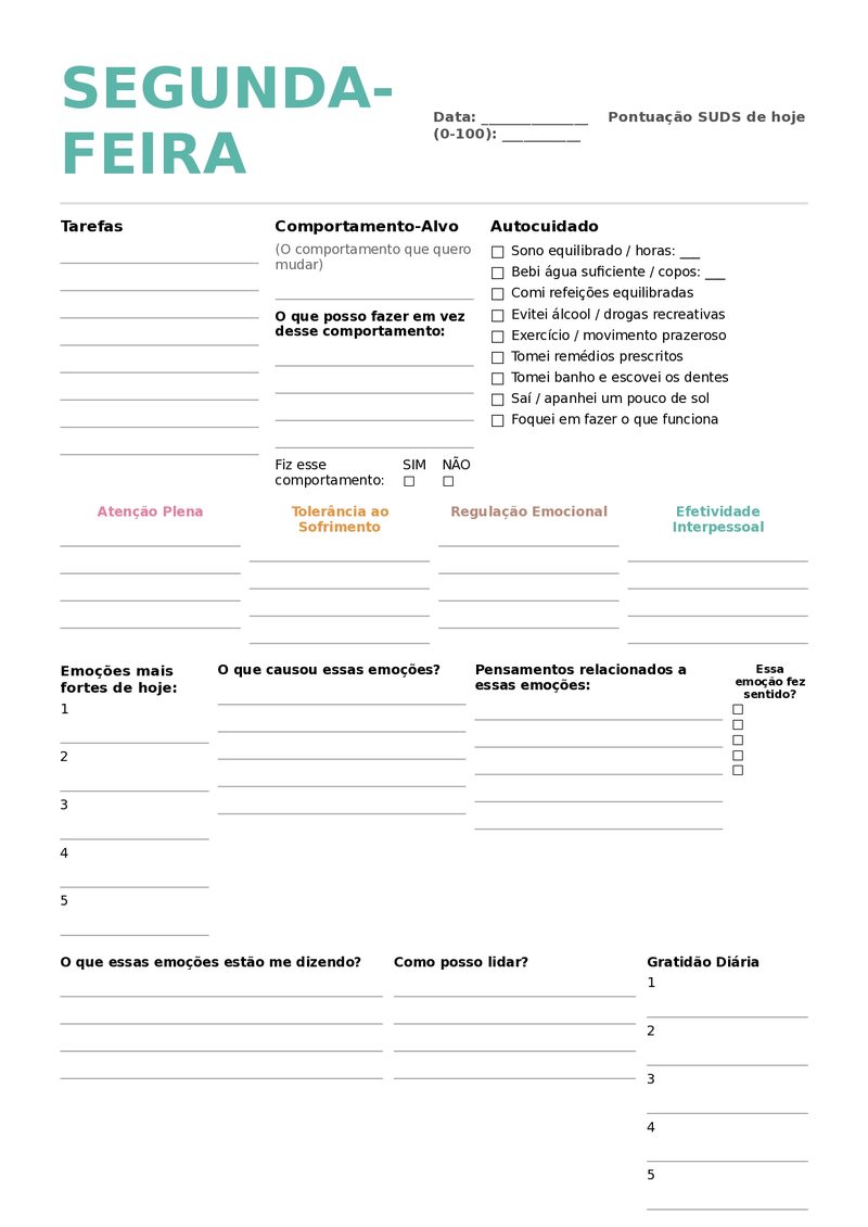 Planejador DBT diário — segunda-feira com áreas para tarefas, autocuidado, emoções e SUDS